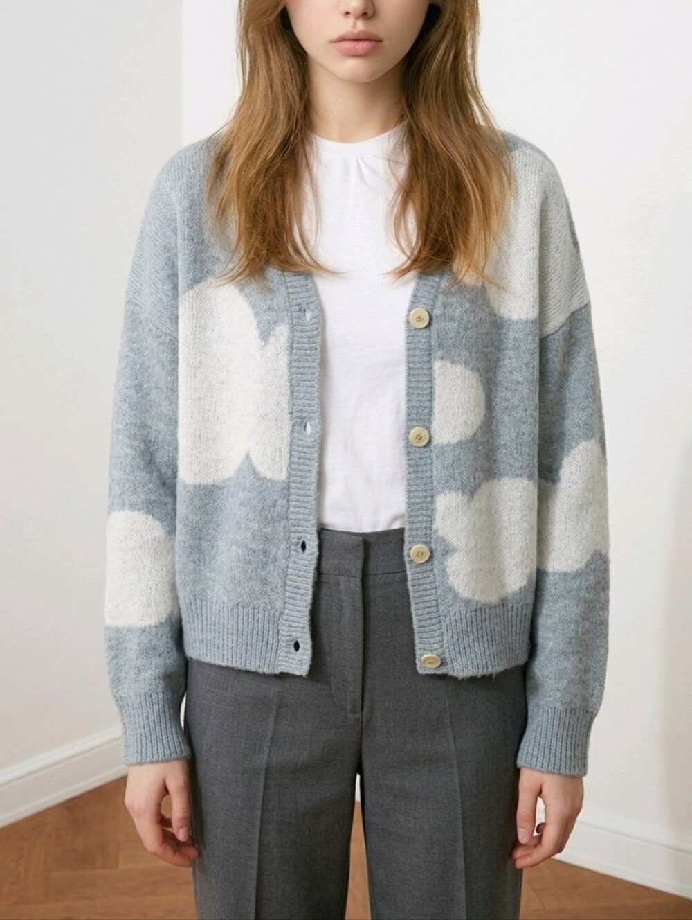 Anthropologie Cloud Pattern Crewneck Cardigan Sweater Light Blue/White Size L